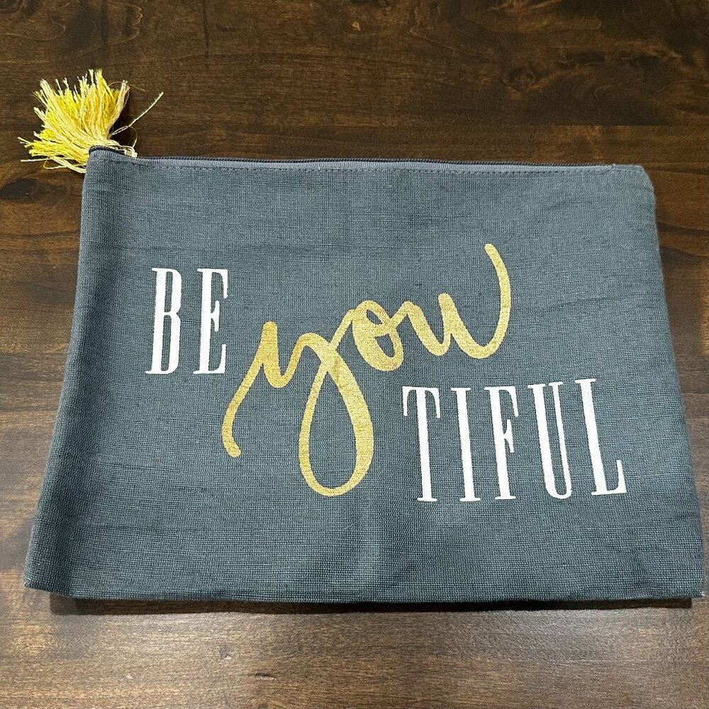 Mud Pie - BeYouTiful Canvas Cosmetic Bag/Pouch - Gray with Yellow Tassel